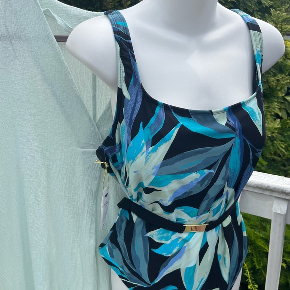 Mynah Tropical Leaf Print One Piece Swimsuit & H&M Coverup, Size XL - Picture 2 of 8